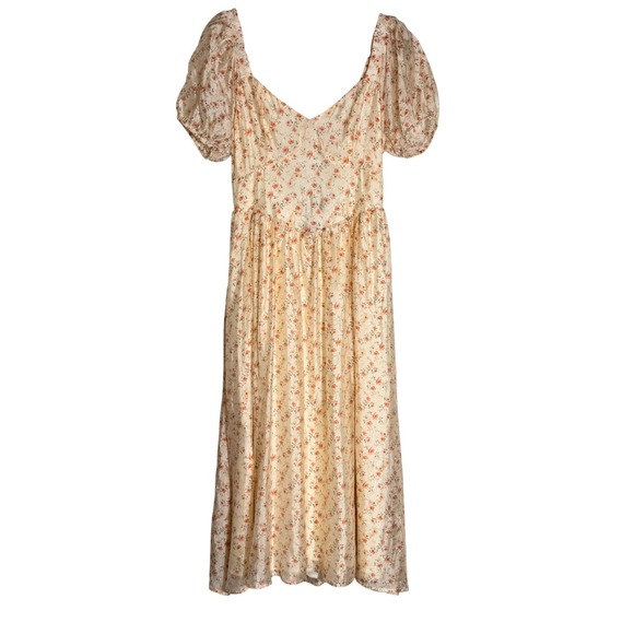 Lulus Floral Puff Sleeve Lace Up Back Midi Dress Womens M Ivory Cottagecore - Picture 2 of 16